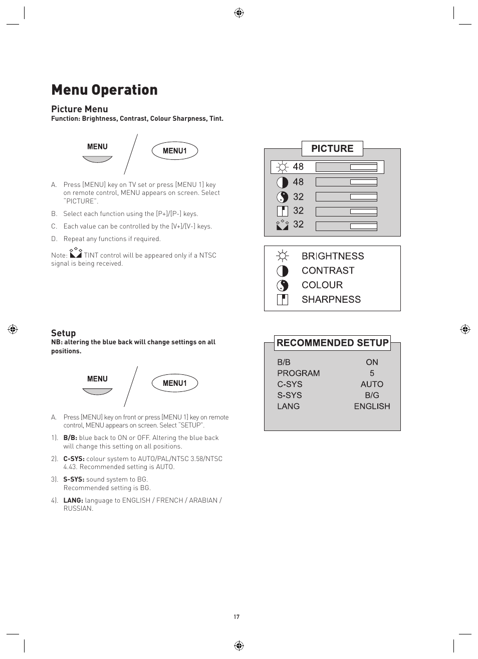 Menu operation, Picture menu, Setup | Philips Magnavox MPF68A User Manual | Page 17 / 22