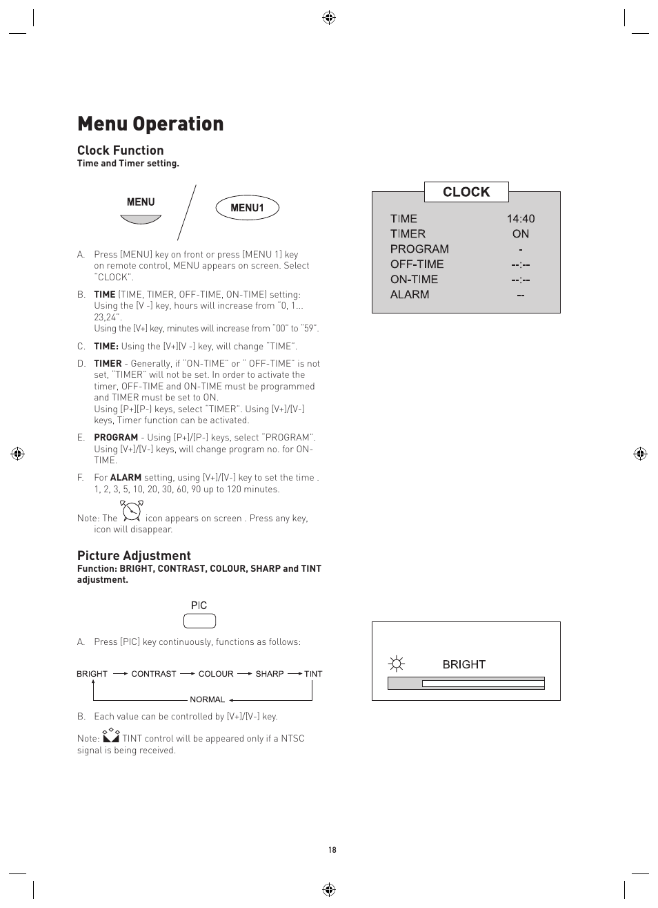 Menu operation, Clock function, Picture adjustment | Philips Magnavox MPF68A User Manual | Page 18 / 22