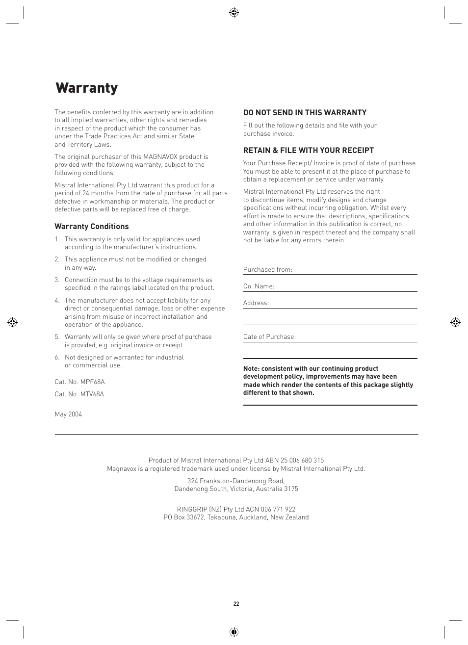 Warranty | Philips Magnavox MPF68A User Manual | Page 22 / 22