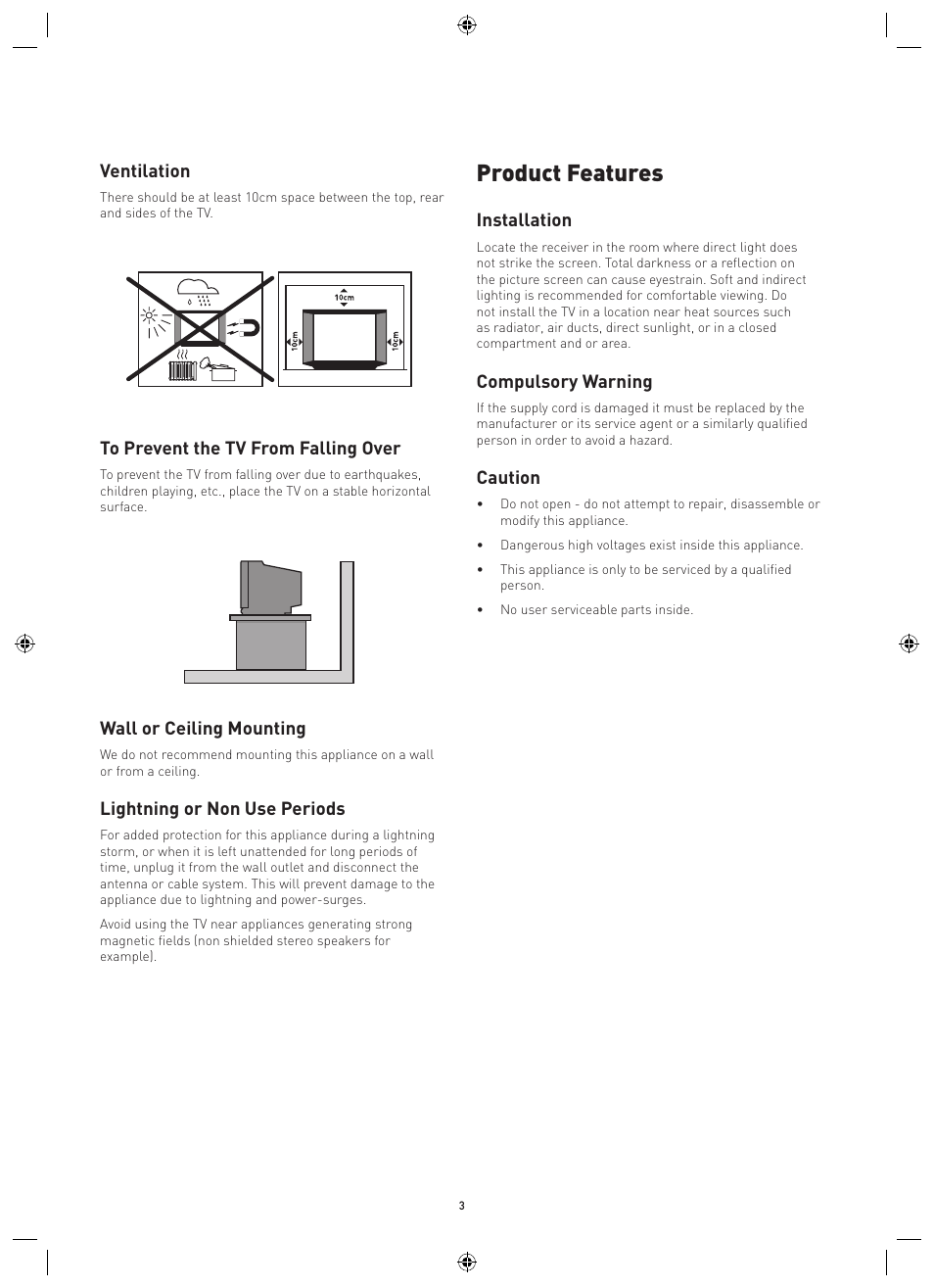 Product features, Ventilation, Wall or ceiling mounting | Lightning or non use periods, Installation, Compulsory warning, Caution | Philips Magnavox MPF68A User Manual | Page 3 / 22