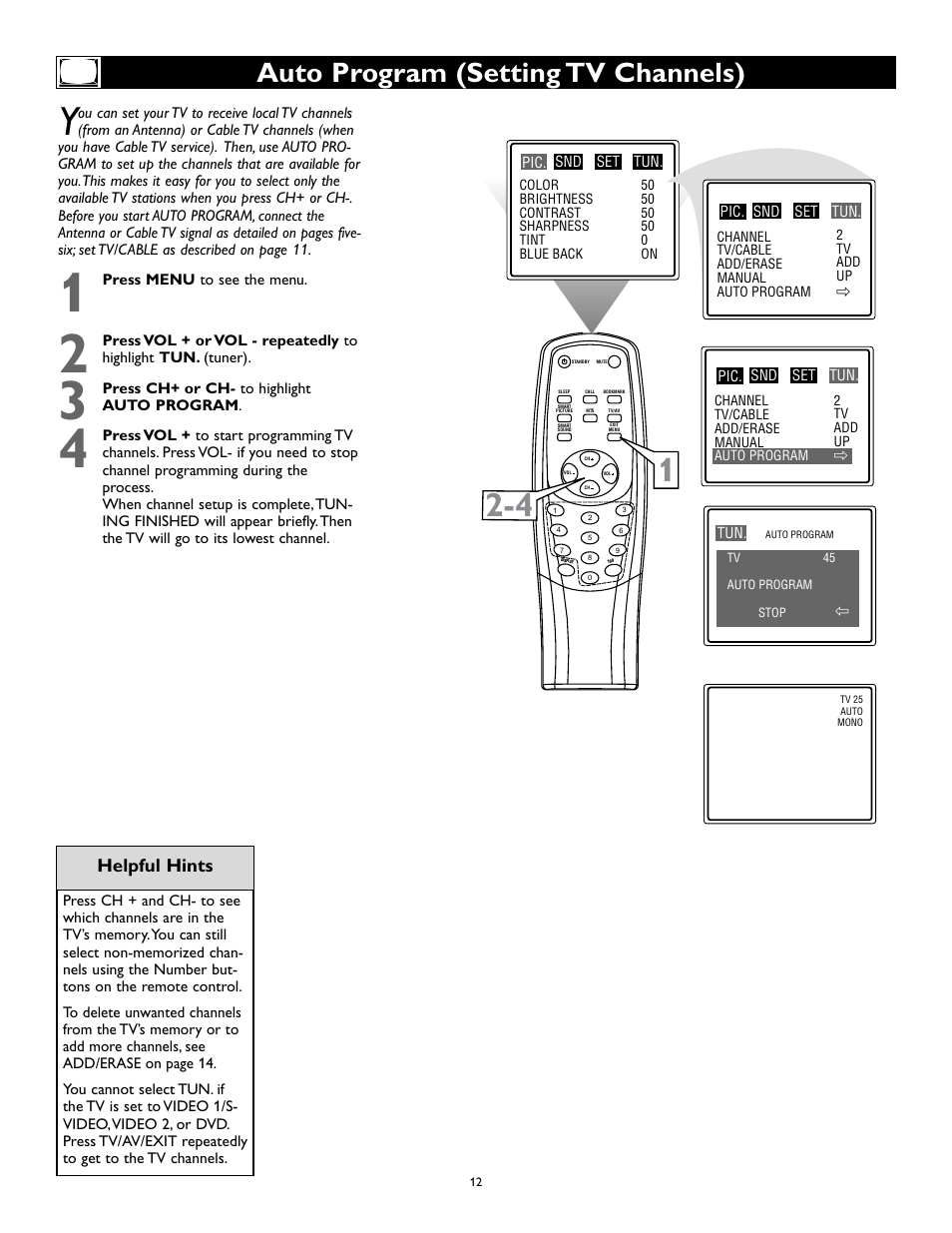 Auto program (setting tv channels), Helpful hints | Philips Magnavox 27MS345S User Manual | Page 12 / 36