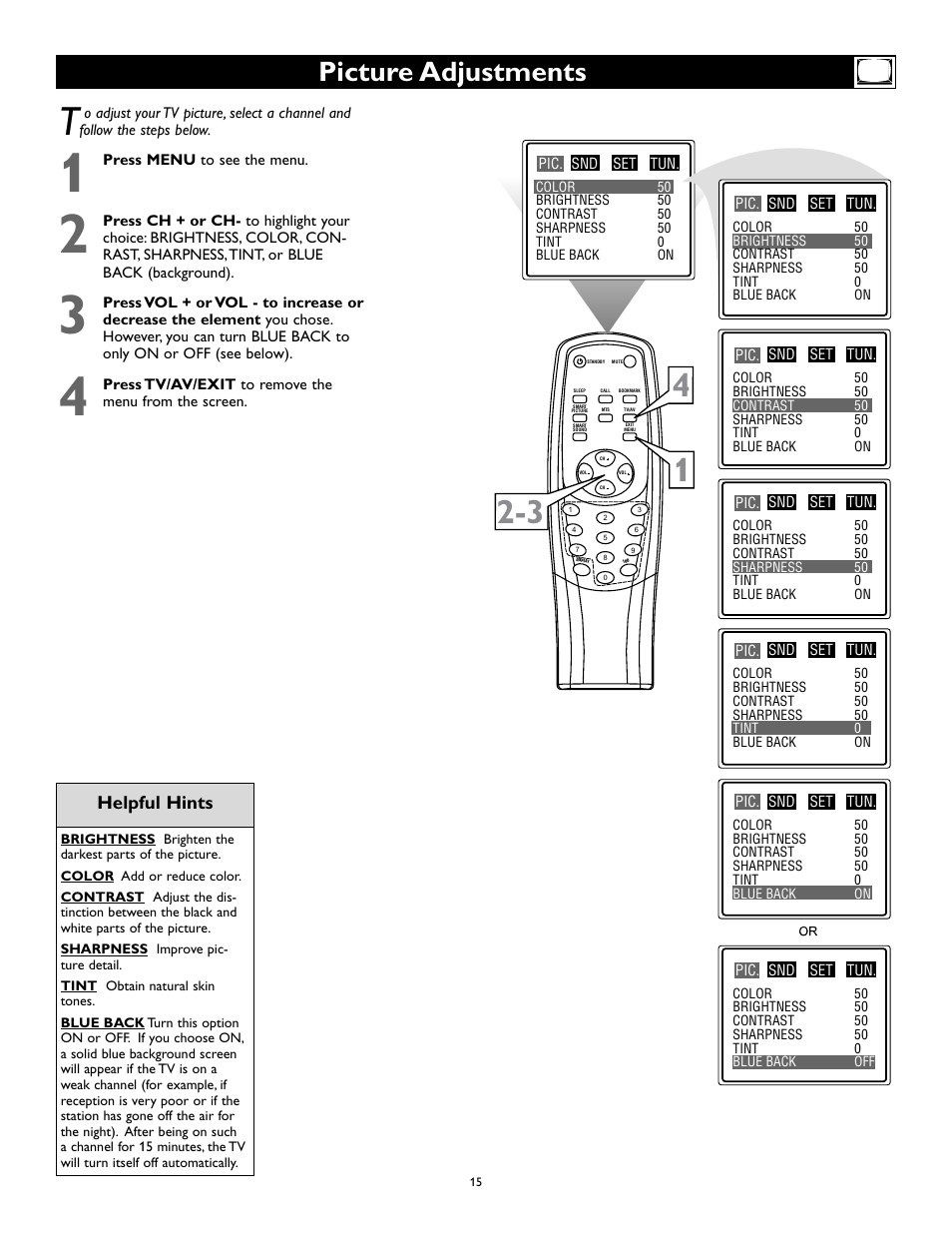 Picture adjustments, Helpful hints | Philips Magnavox 27MS345S User Manual | Page 15 / 36