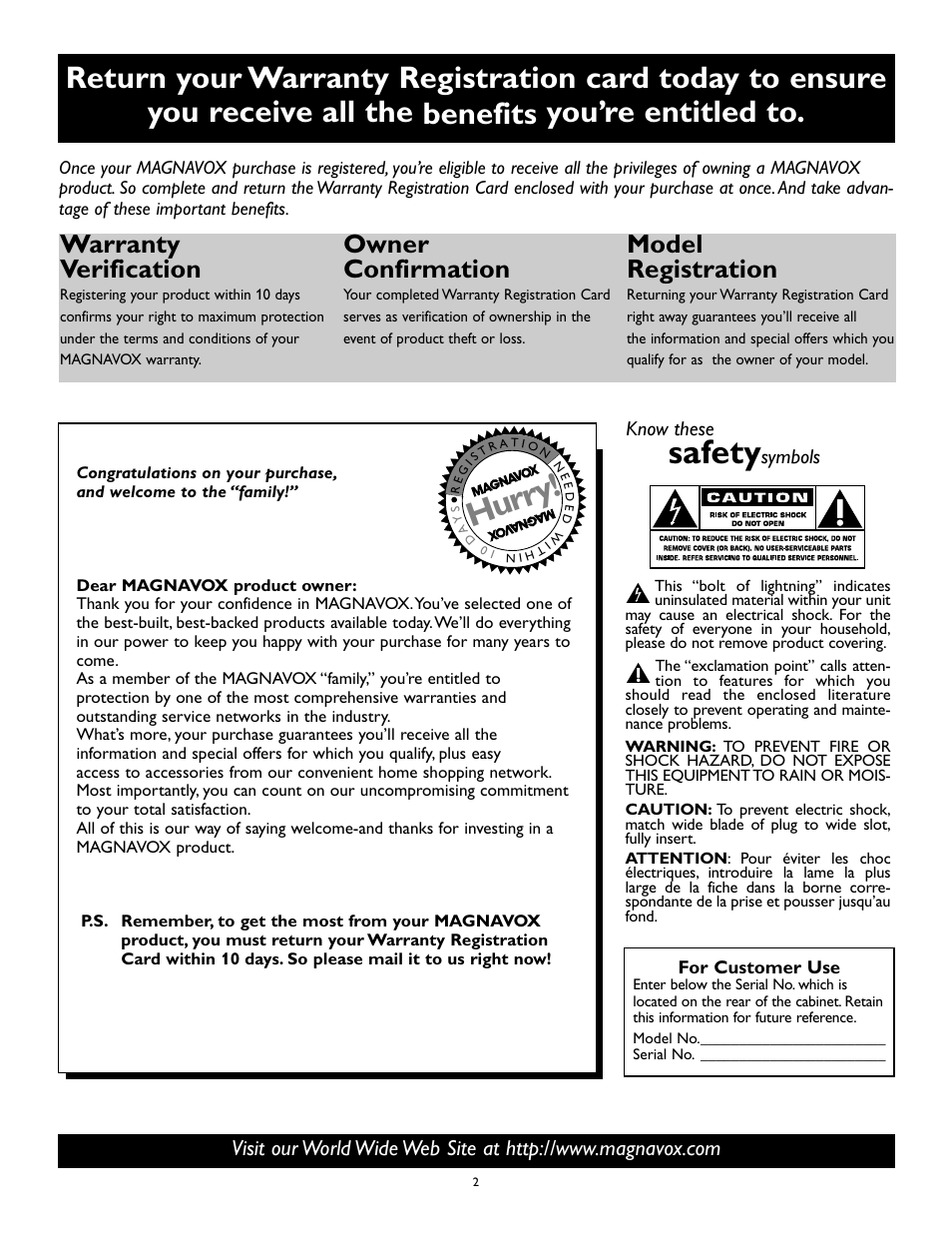 Safety, Hurry, Warranty verification | Owner confirmation, Model registration | Philips Magnavox 27MS345S User Manual | Page 2 / 36