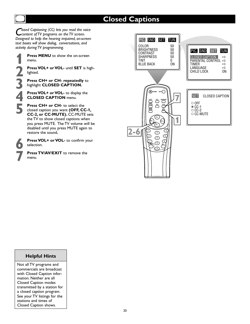 Closed captions | Philips Magnavox 27MS345S User Manual | Page 20 / 36