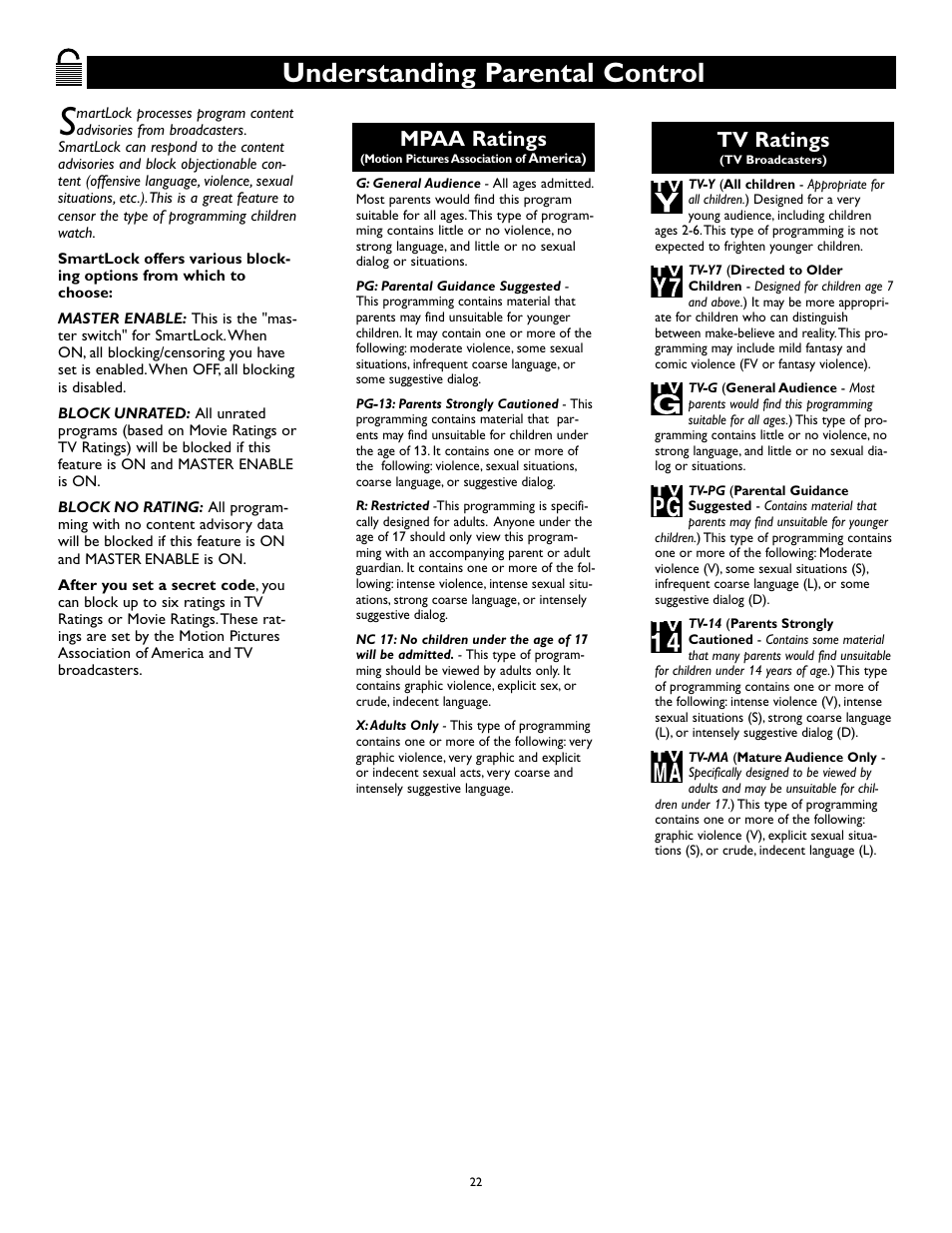 Understanding parental control, Mpaa ratings, Tv ratings | Philips Magnavox 27MS345S User Manual | Page 22 / 36