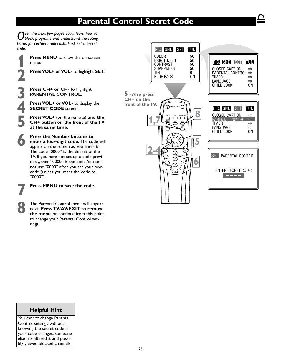 Parental control secret code | Philips Magnavox 27MS345S User Manual | Page 23 / 36