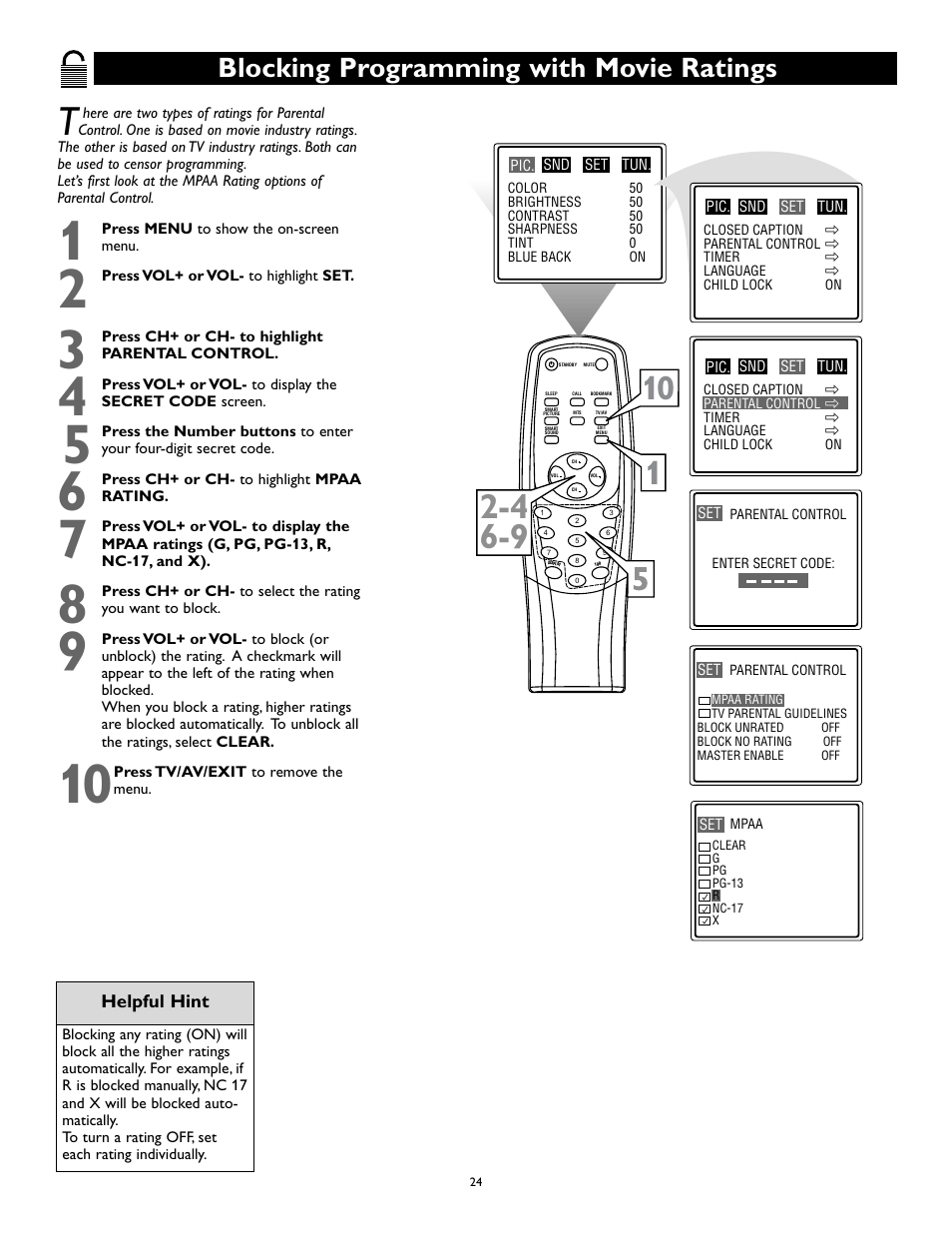 Blocking programming with movie ratings | Philips Magnavox 27MS345S User Manual | Page 24 / 36