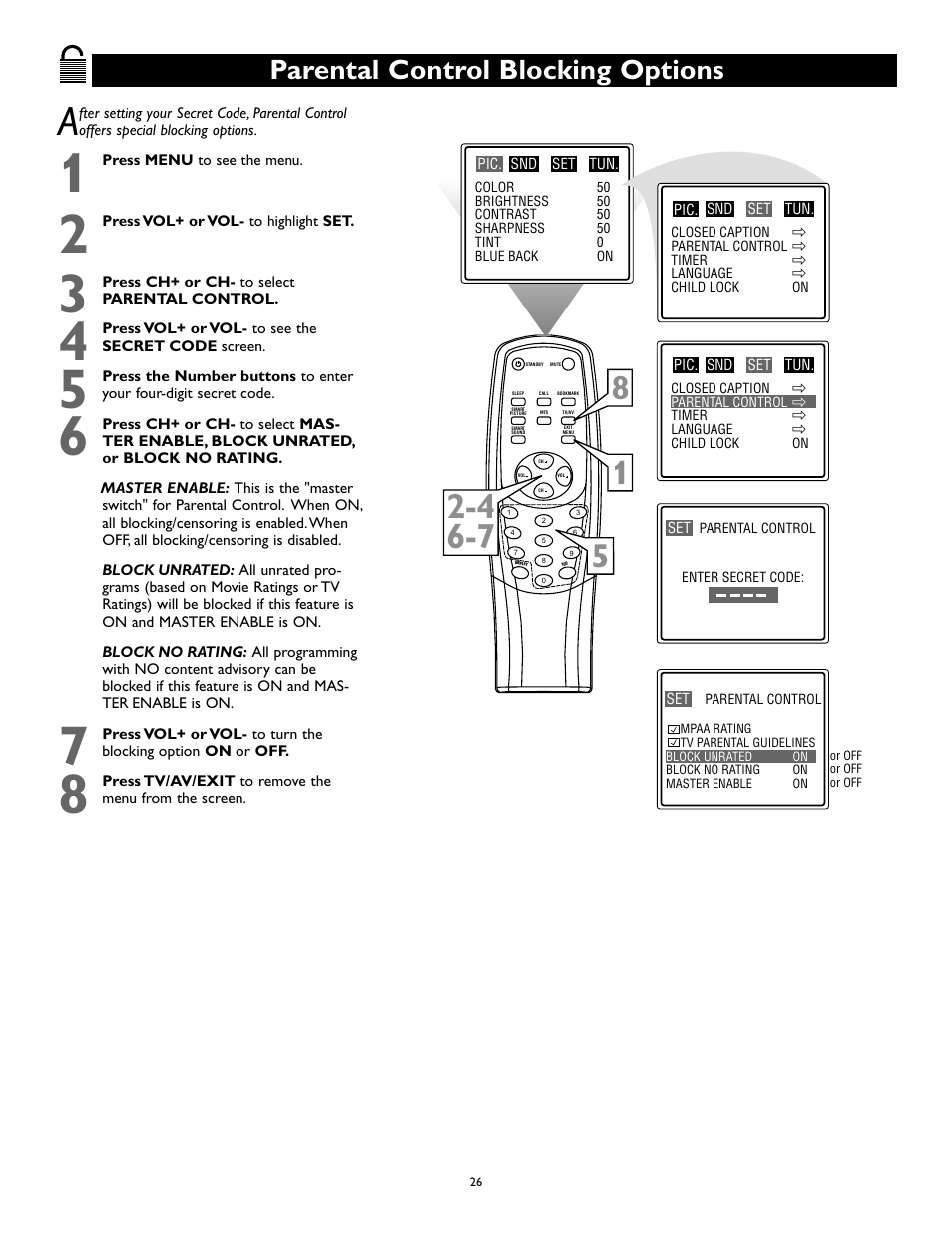 Parental control blocking options | Philips Magnavox 27MS345S User Manual | Page 26 / 36