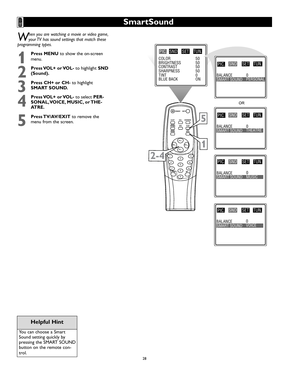 Smartsound, Helpful hint | Philips Magnavox 27MS345S User Manual | Page 28 / 36