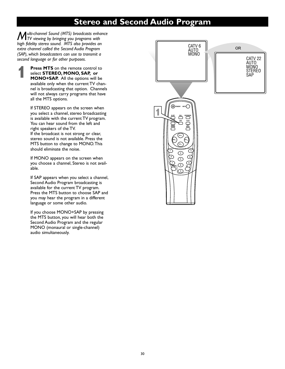 Stereo and second audio program, Catv 6 auto mono catv 22 auto mono stereo sap | Philips Magnavox 27MS345S User Manual | Page 30 / 36