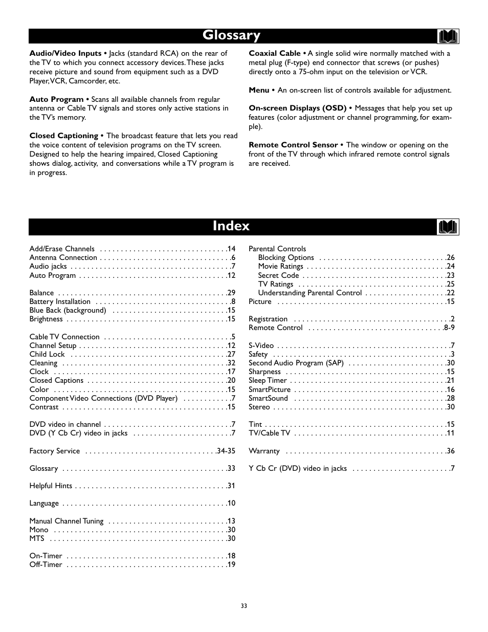 Index, Glossary | Philips Magnavox 27MS345S User Manual | Page 33 / 36