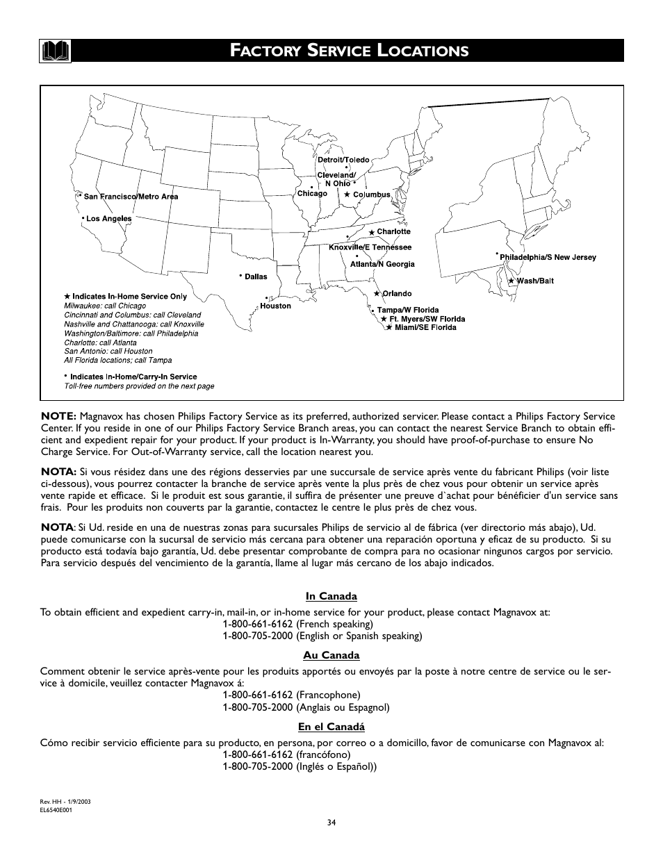 Actory, Ervice, Ocations | Philips Magnavox 27MS345S User Manual | Page 34 / 36