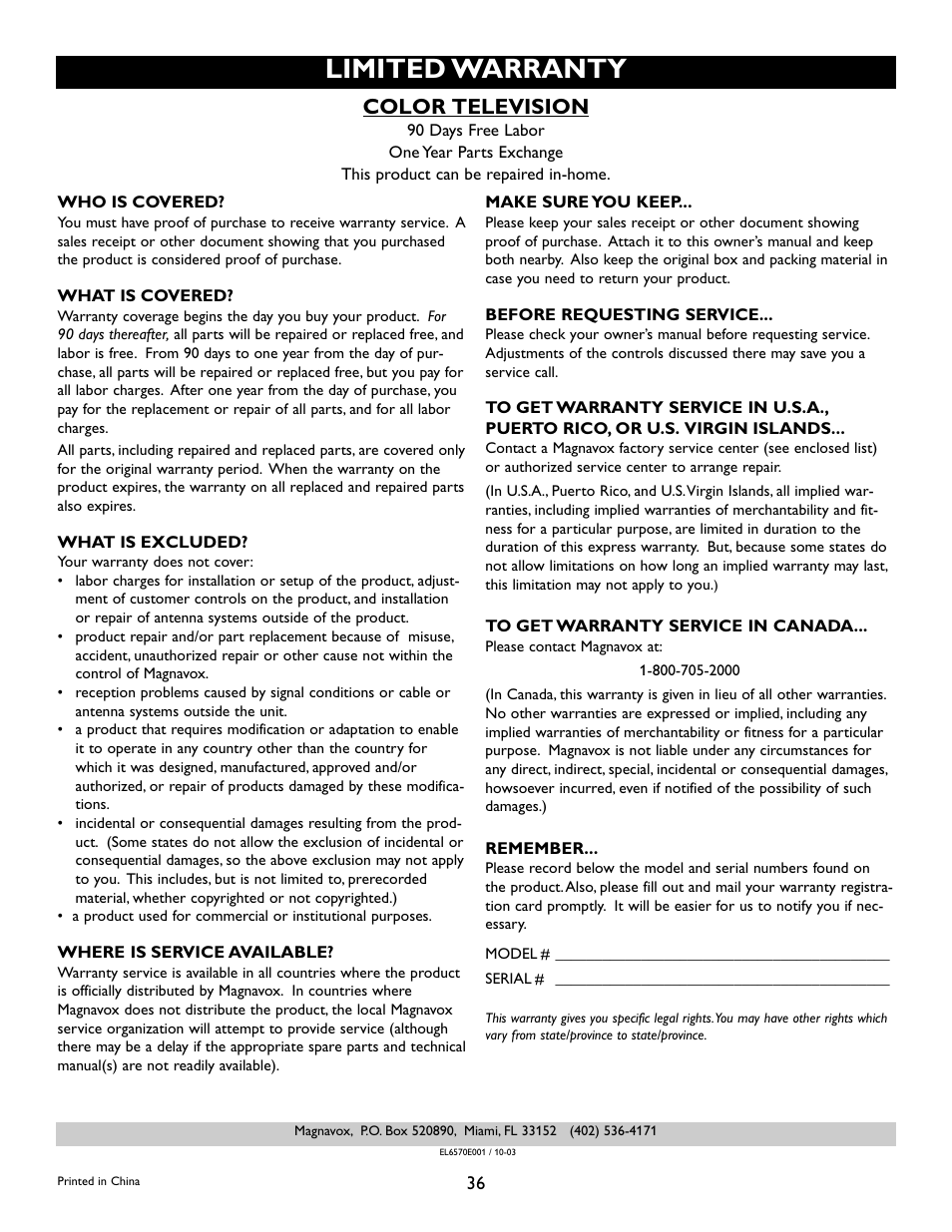 Limited warranty, Color television | Philips Magnavox 27MS345S User Manual | Page 36 / 36