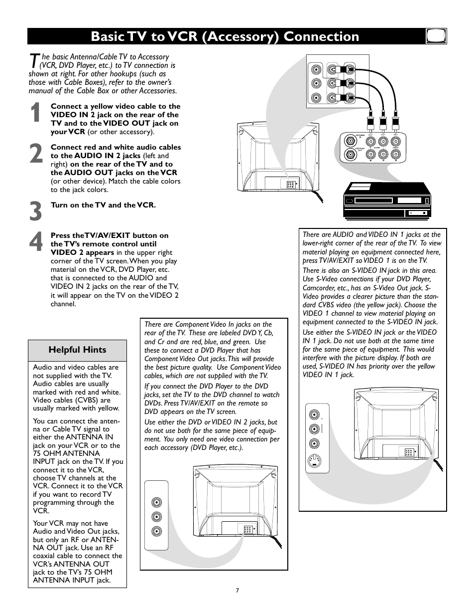 Basic tv to vcr (accessory) connection, Helpful hints | Philips Magnavox 27MS345S User Manual | Page 7 / 36