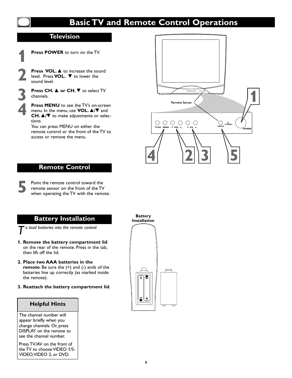 Basic tv and remote control operations | Philips Magnavox 27MS345S User Manual | Page 8 / 36