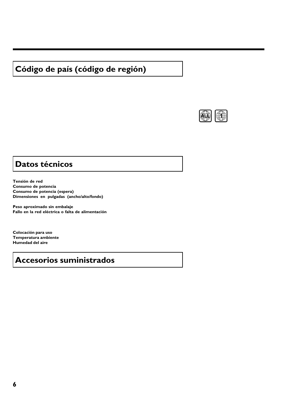 Código de país (código de región), Datos técnicos, Accesorios suministrados | Philips Magnavox MRV640 User Manual | Page 110 / 187