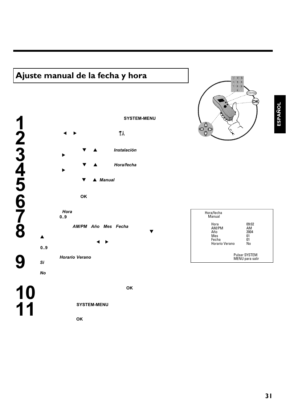 Ajuste manual de la fecha y hora | Philips Magnavox MRV640 User Manual | Page 135 / 187