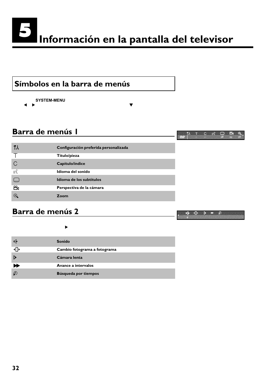 Información en la pantalla del televisor, Símbolos en la barra de menús, Barra de menús 1 | Barra de menús 2 | Philips Magnavox MRV640 User Manual | Page 136 / 187