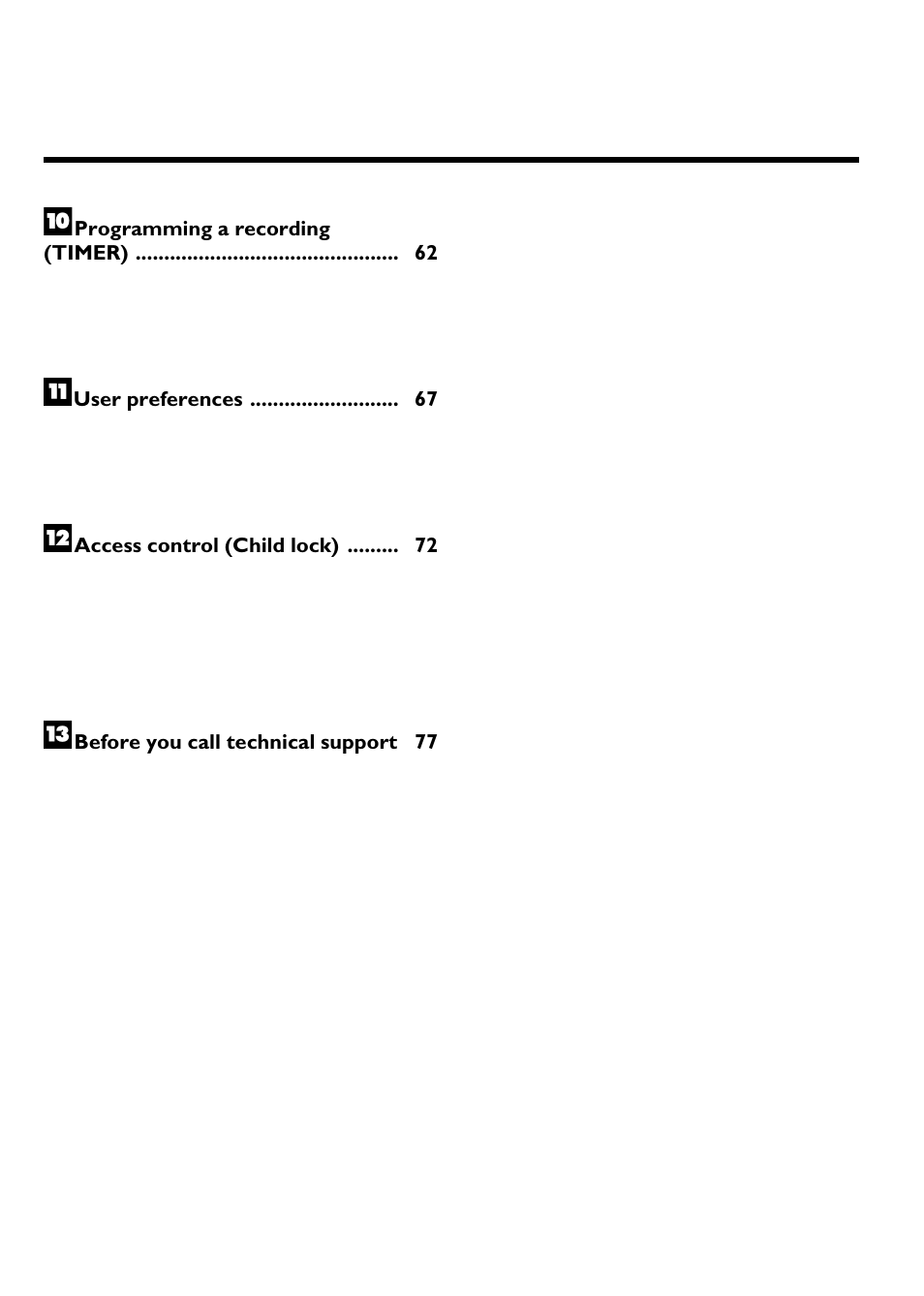 Programming a recording (timer) 62, User preferences 67, Access control (child lock) 72 | Philips Magnavox MRV640 User Manual | Page 14 / 187
