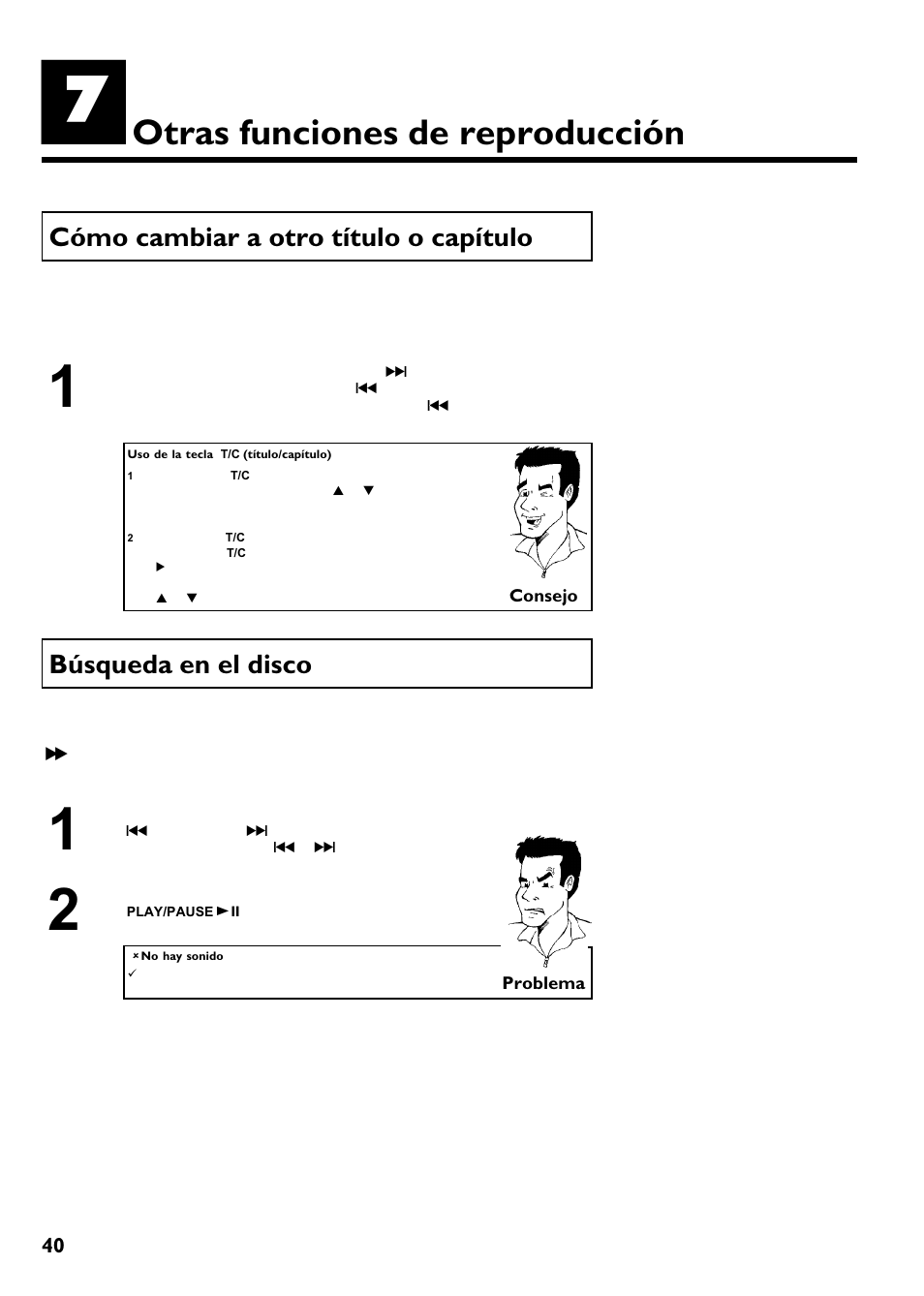 Otras funciones de reproducción, Cómo cambiar a otro título o capítulo, Búsqueda en el disco | Philips Magnavox MRV640 User Manual | Page 144 / 187
