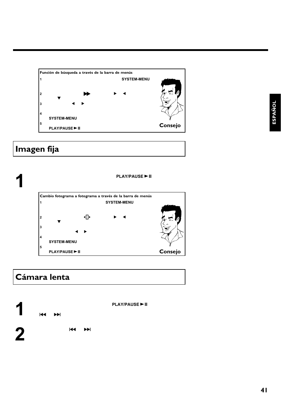 Imagen fija, Cámara lenta, Otras funciones de reproducción | Consejo | Philips Magnavox MRV640 User Manual | Page 145 / 187