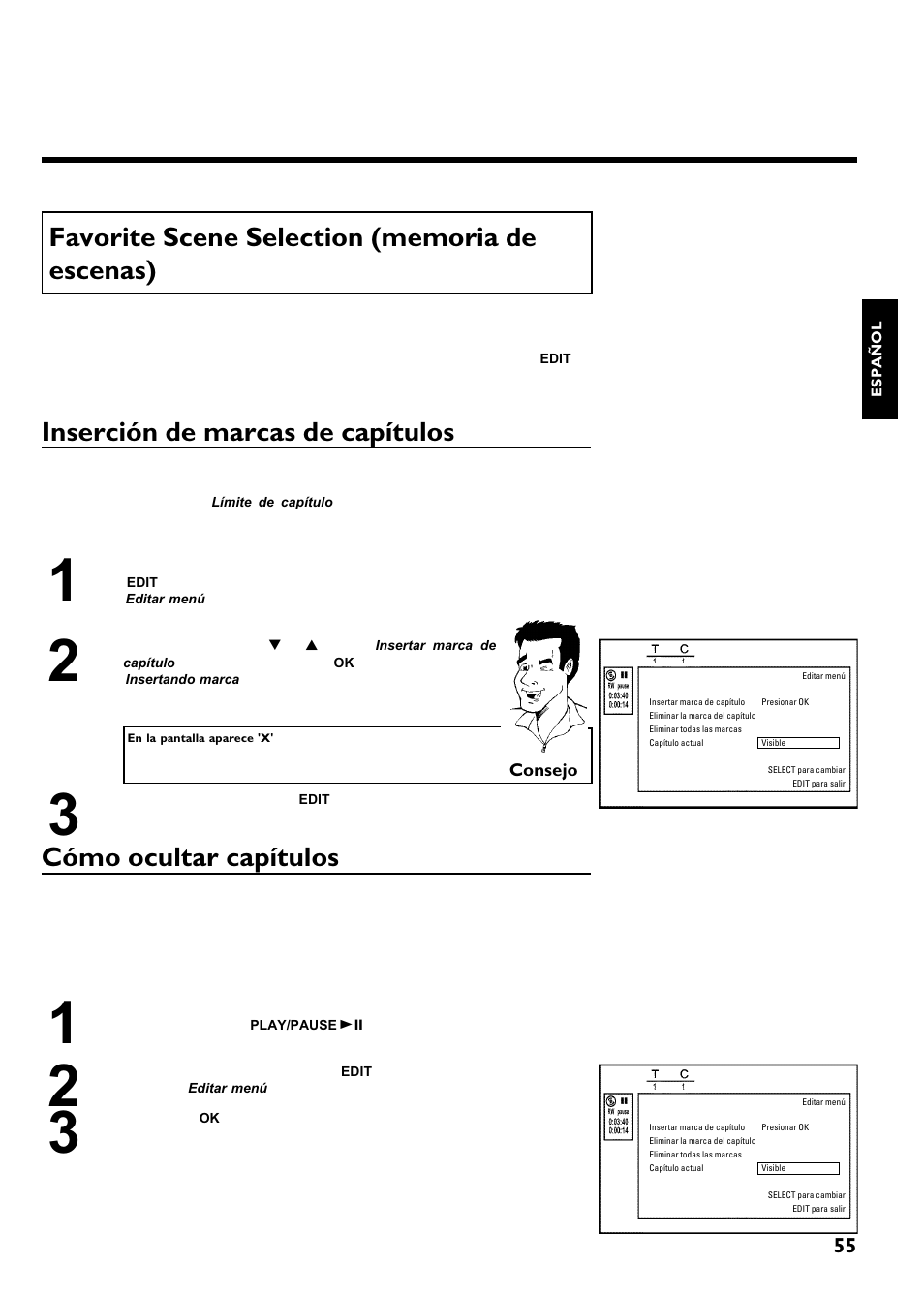 Inserción de marcas de capítulos, Cómo ocultar capítulos | Philips Magnavox MRV640 User Manual | Page 159 / 187