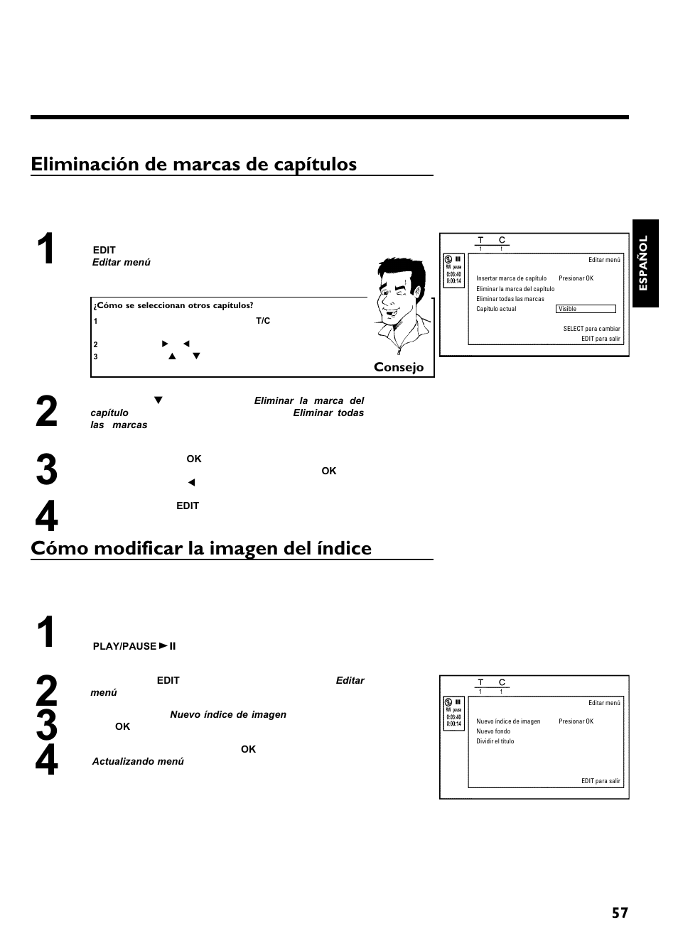 Eliminación de marcas de capítulos, Cómo modificar la imagen del índice | Philips Magnavox MRV640 User Manual | Page 161 / 187