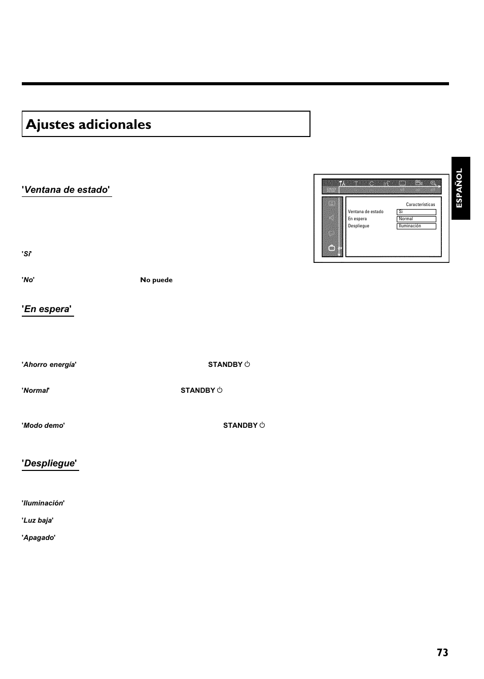 Ajustes adicionales, Configuración preferida personalizada, Ventana de estado | En espera, Despliegue | Philips Magnavox MRV640 User Manual | Page 177 / 187