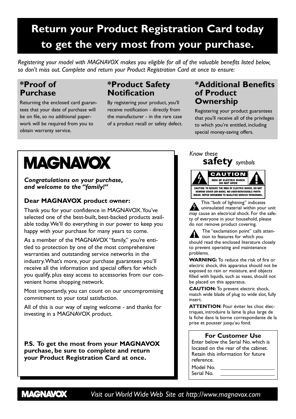 Safety, Proof of purchase, Product safety notification | Additional benefits of product ownership | Philips Magnavox MRV640 User Manual | Page 2 / 187
