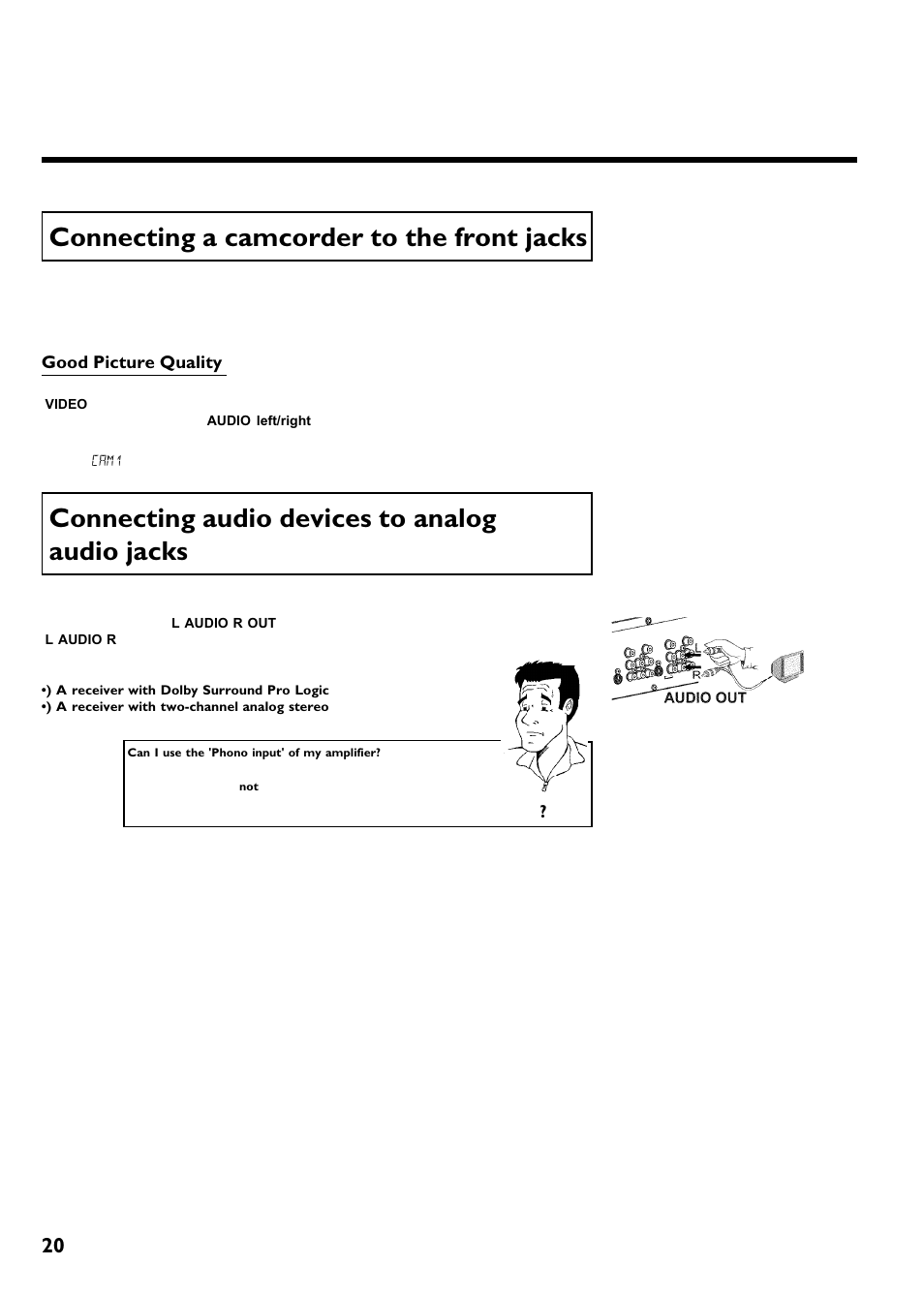 Connecting a camcorder to the front jacks, Connecting audio devices to analog audio jacks, Connecting additional devices | Philips Magnavox MRV640 User Manual | Page 32 / 187