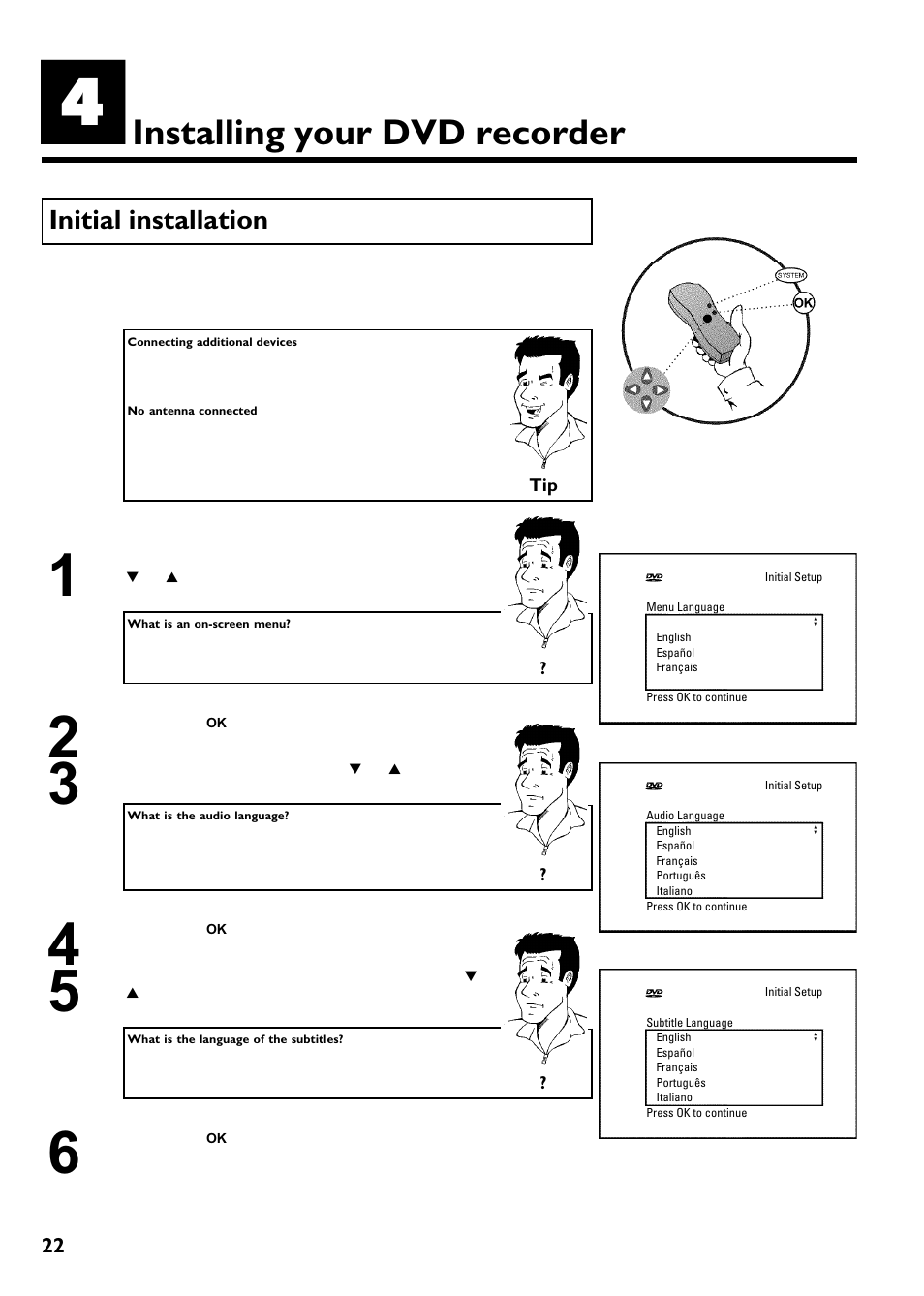 Installing your dvd recorder, Initial installation | Philips Magnavox MRV640 User Manual | Page 34 / 187