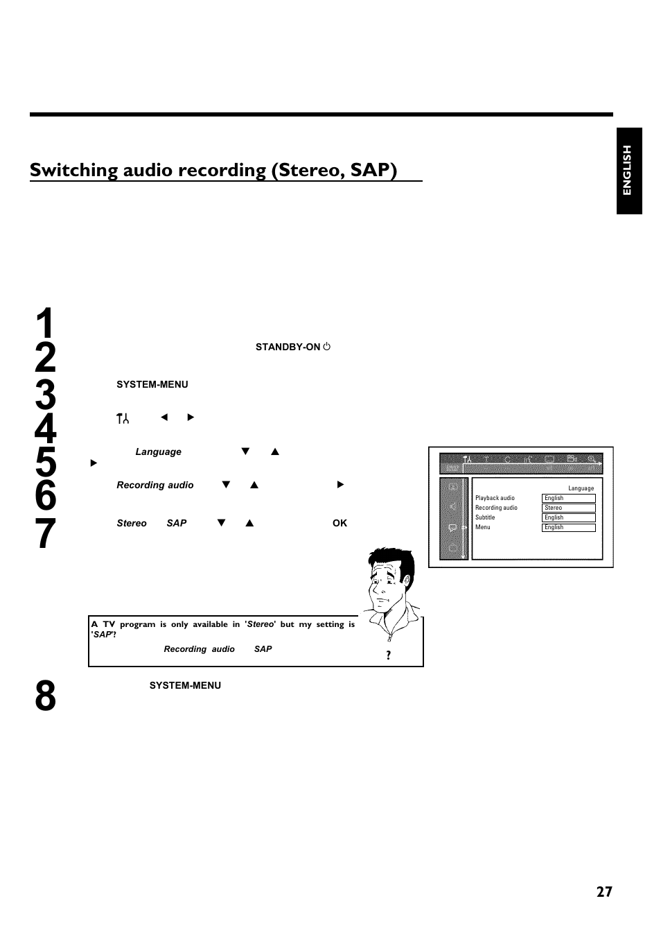 Switching audio recording (stereo, sap) | Philips Magnavox MRV640 User Manual | Page 39 / 187