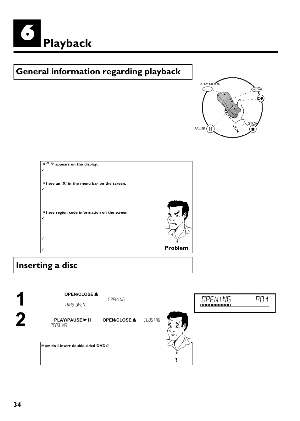 Playback, General information regarding playback, Inserting a disc | Opening p01 | Philips Magnavox MRV640 User Manual | Page 46 / 187