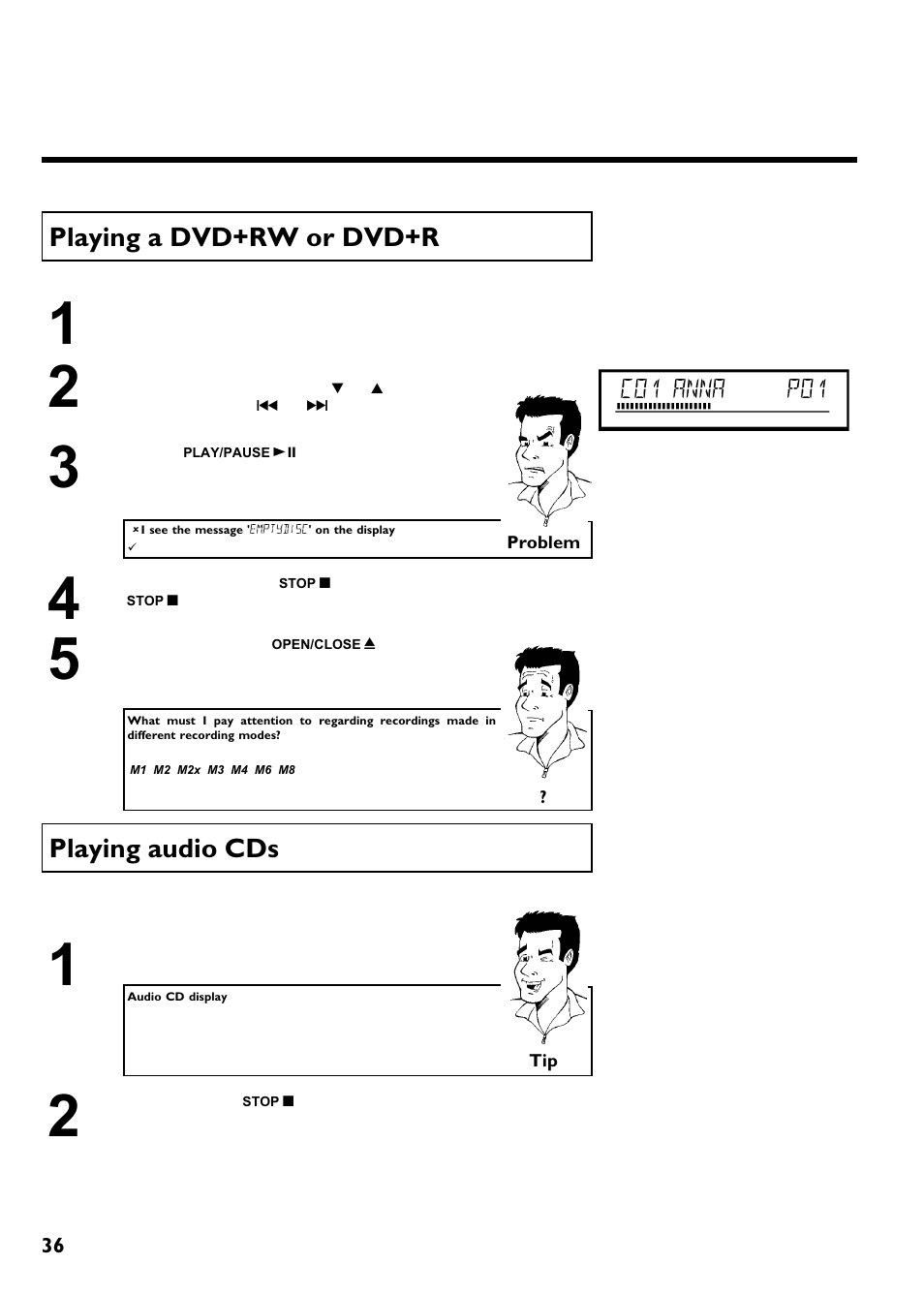 Playing a dvd+rw or dvd+r, Playing audio cds | Philips Magnavox MRV640 User Manual | Page 48 / 187