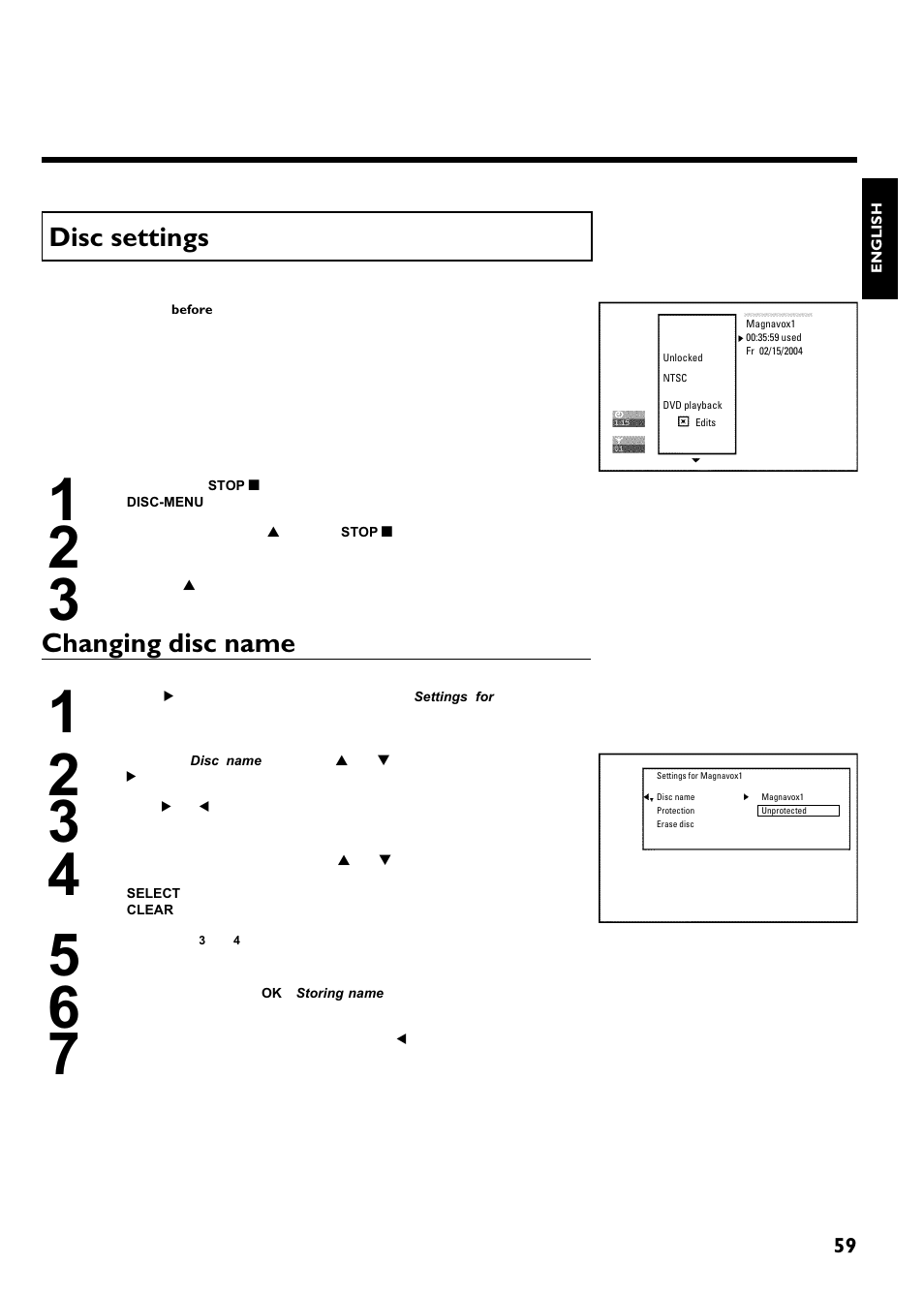 Disc settings, Changing disc name | Philips Magnavox MRV640 User Manual | Page 71 / 187
