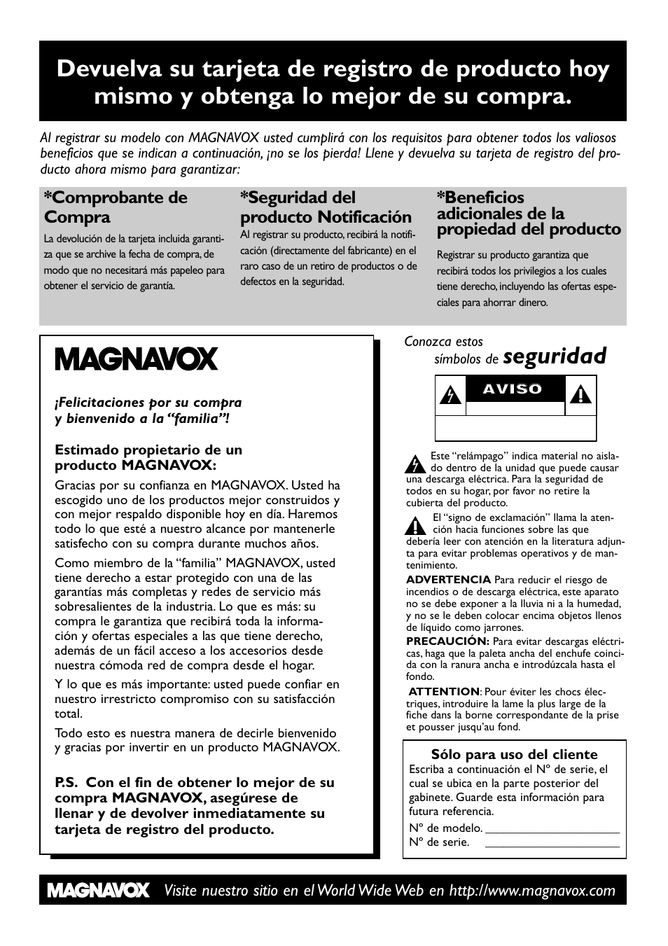 Seguridad, Comprobante de compra, Seguridad del producto notificación | Philips Magnavox MRV640 User Manual | Page 95 / 187