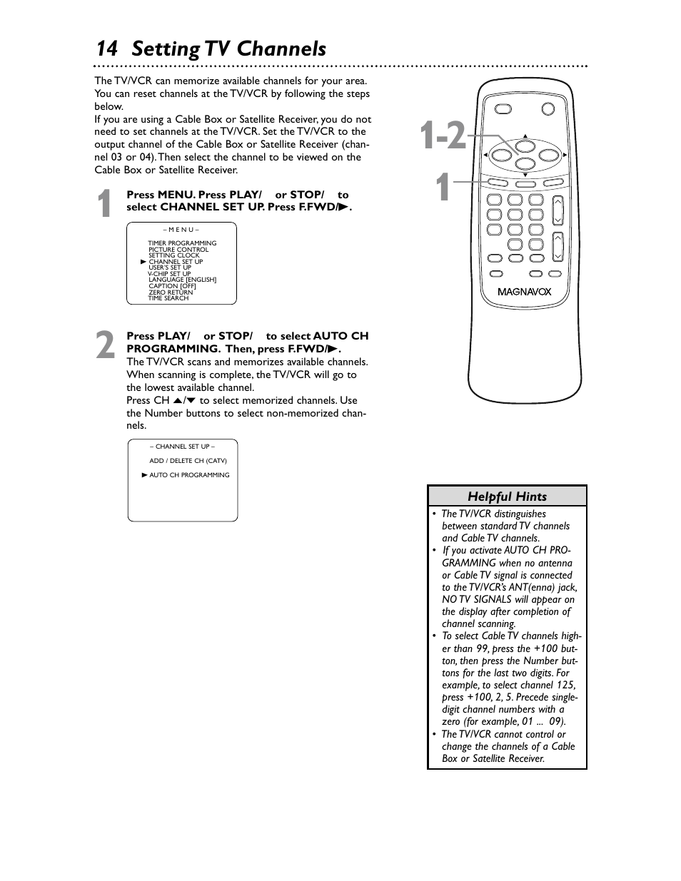 14 setting tv channels, Helpful hints | Philips Magnavox MC132EMG/17 User Manual | Page 14 / 44