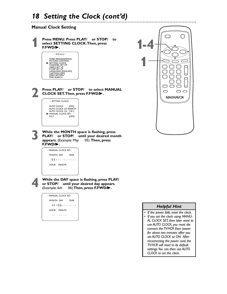 18 setting the clock (cont’d), Helpful hint manual clock setting | Philips Magnavox MC132EMG/17 User Manual | Page 18 / 44