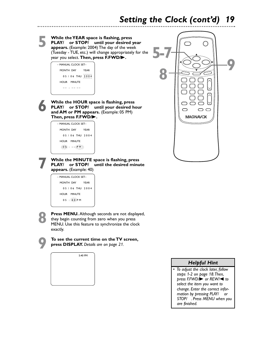 Setting the clock (cont’d) 19 | Philips Magnavox MC132EMG/17 User Manual | Page 19 / 44