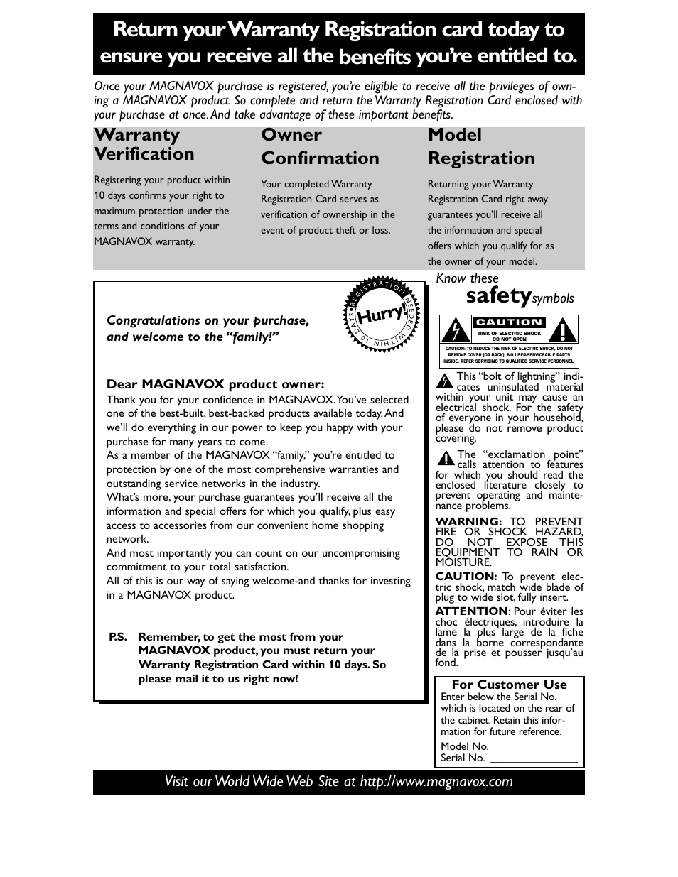 Safety, Warranty verification, Owner confirmation | Model registration, Hurry, Know these, Symbols | Philips Magnavox MC132EMG/17 User Manual | Page 2 / 44