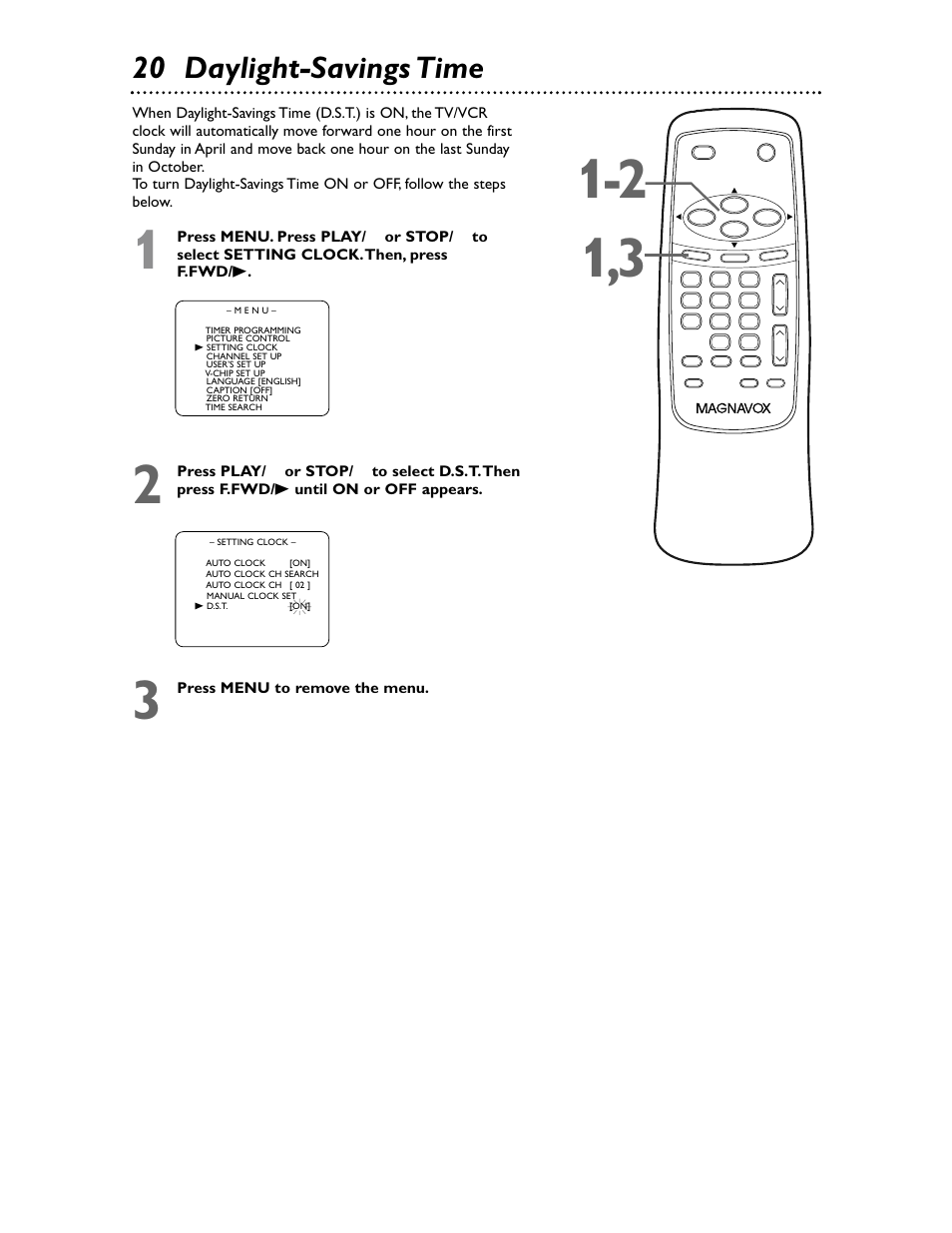 20 daylight-savings time | Philips Magnavox MC132EMG/17 User Manual | Page 20 / 44