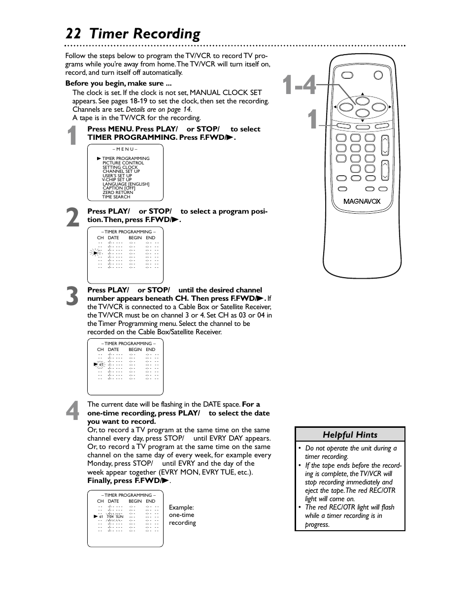 22 timer recording, Helpful hints | Philips Magnavox MC132EMG/17 User Manual | Page 22 / 44