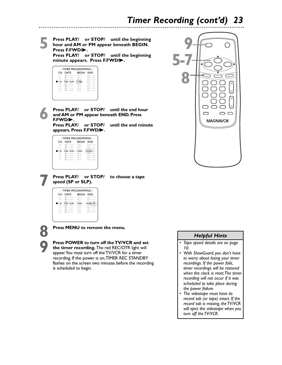 Timer recording (cont’d) 23, Helpful hints | Philips Magnavox MC132EMG/17 User Manual | Page 23 / 44