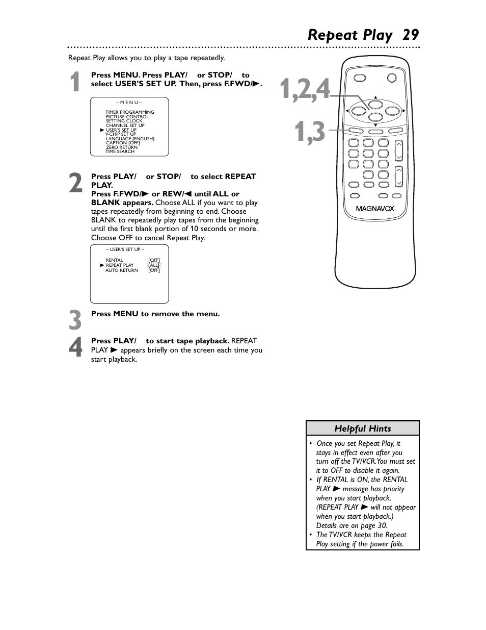 Repeat play 29, Helpful hints | Philips Magnavox MC132EMG/17 User Manual | Page 29 / 44