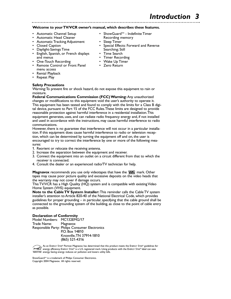 Introduction 3 | Philips Magnavox MC132EMG/17 User Manual | Page 3 / 44