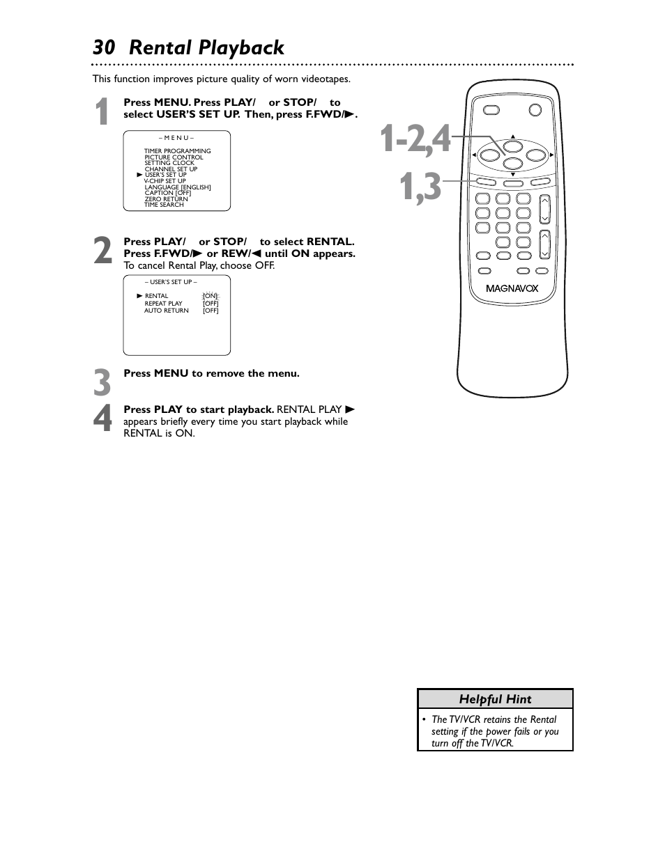 30 rental playback, Helpful hint | Philips Magnavox MC132EMG/17 User Manual | Page 30 / 44