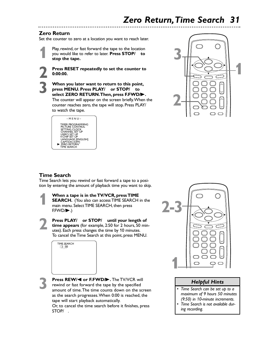 Zero return,time search 31, Time search, Helpful hints | Zero return | Philips Magnavox MC132EMG/17 User Manual | Page 31 / 44