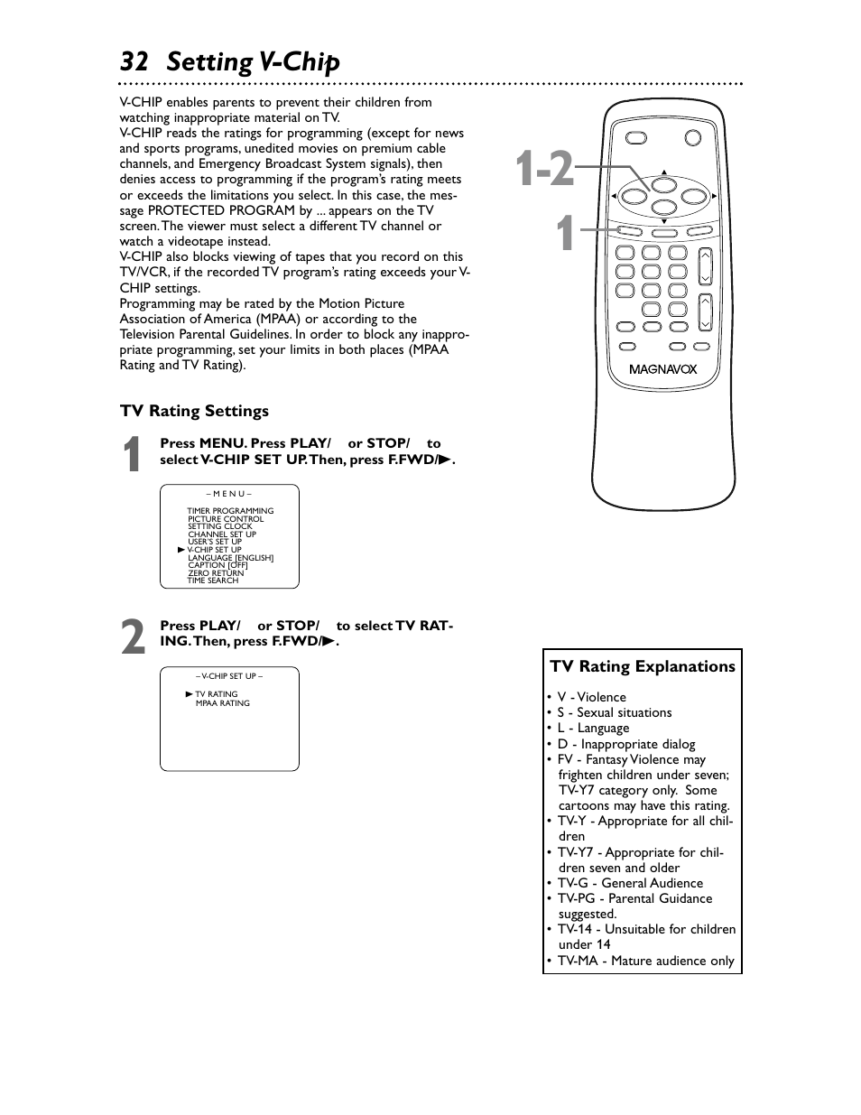 32 setting v-chip, Tv rating settings, Tv rating explanations | Philips Magnavox MC132EMG/17 User Manual | Page 32 / 44