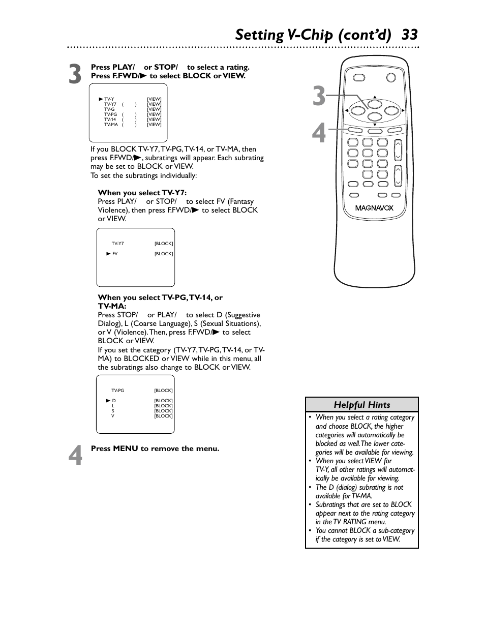 Setting v-chip (cont’d) 33, Helpful hints | Philips Magnavox MC132EMG/17 User Manual | Page 33 / 44