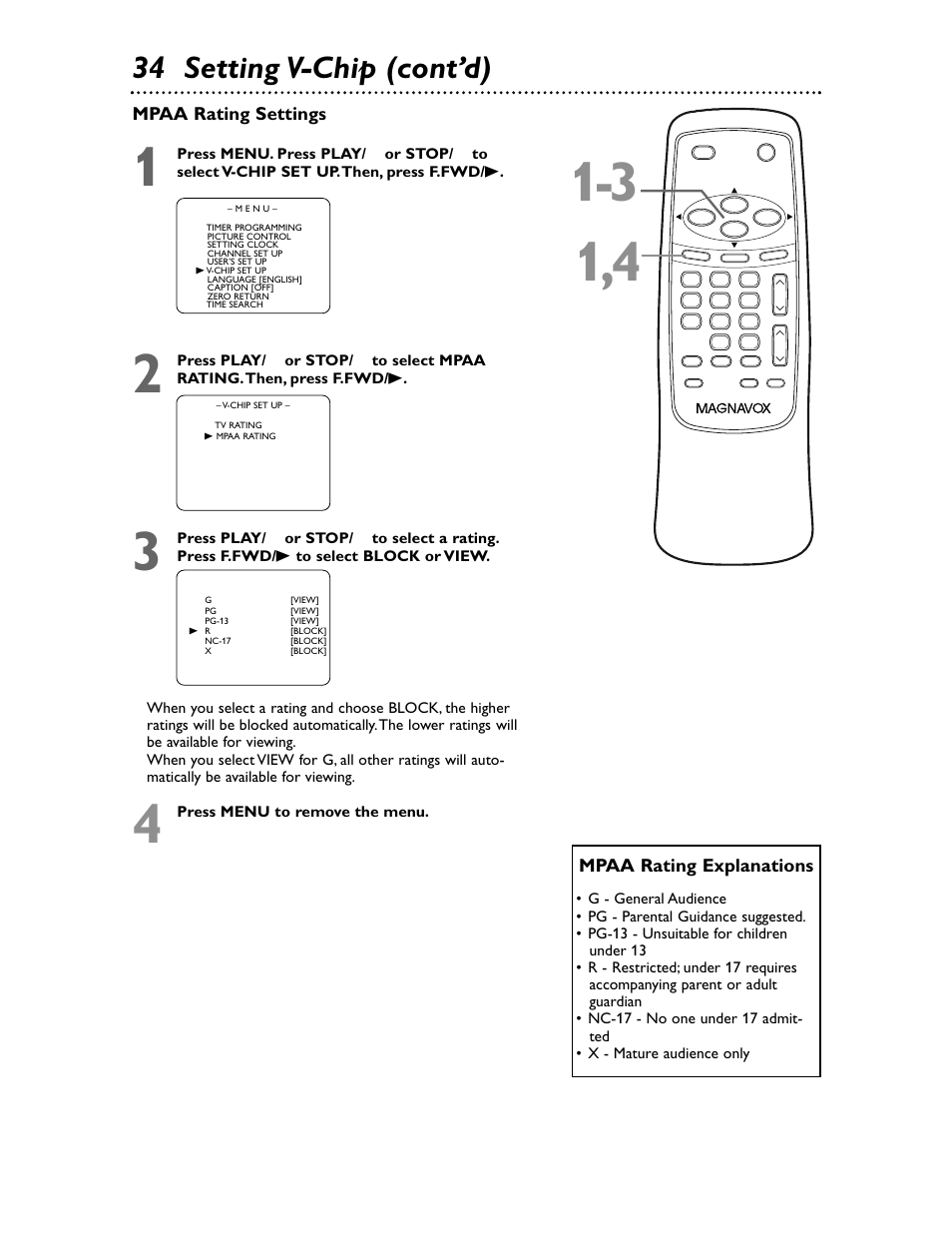 34 setting v-chip (cont’d), Mpaa rating settings, Mpaa rating explanations | Philips Magnavox MC132EMG/17 User Manual | Page 34 / 44